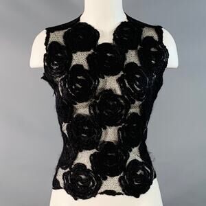 MORGANE LE FAY M Black Wool Blend Felted Floral Rosettes Sleeveless Casual Top